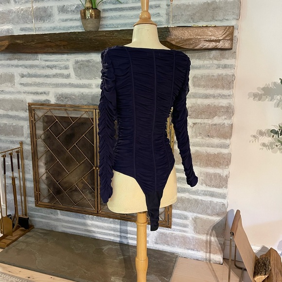 Navy blue mesh layer ruched stretch bodysuit top from Zara, fully lined - Picture 5 of 7